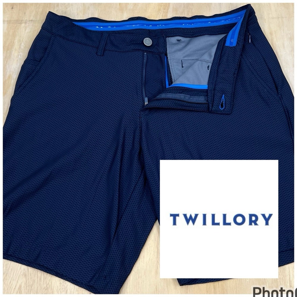Twillory AIR Shorts Mens 34x9 Tailored Fit Navy Prince Of Wales Waffle Stretch